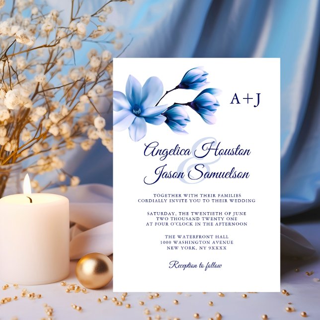 Invitación Moderna acuarela Floral Marina Azul Boda blanco (Modern Watercolor Floral Blue Navy White Wedding Invitation)