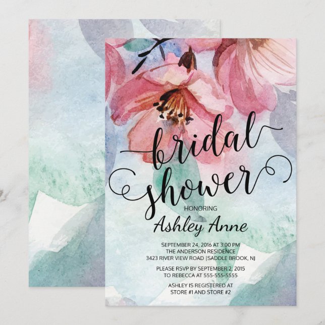 Invitación Moderna acuarela Floral rosa ducha de novia (Anverso / Reverso)