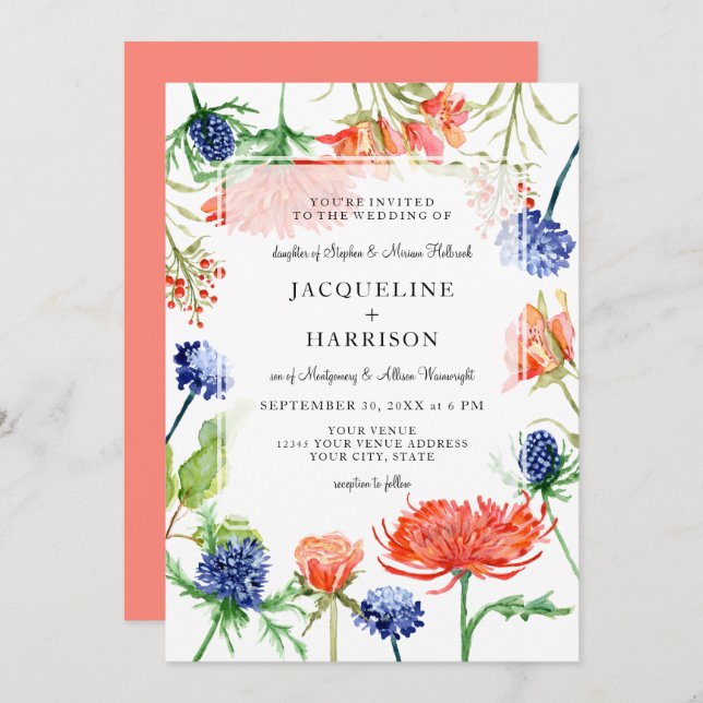 Invitación Moderna acuarela floral verano Mamá de coral (Anverso / Reverso)