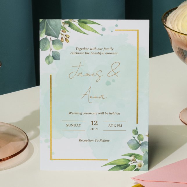 Invitación Moderna acuarela Floral Verde y Boda de oro (Subido por el creador)