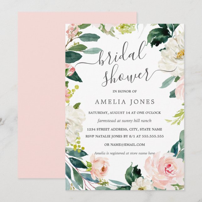 Invitación Moderna acuarela Floral Wreath Bridal Shower (Anverso / Reverso)