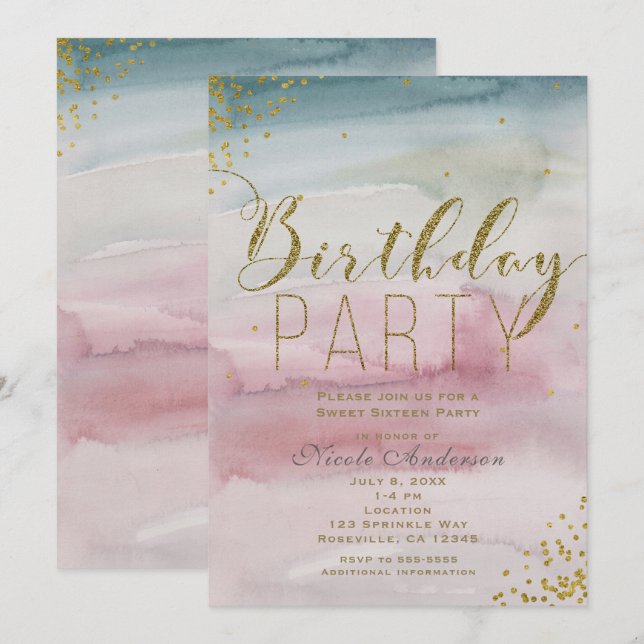 Invitación Moderna acuarela Gold Confetti fiesta de cumpleaño (Anverso / Reverso)