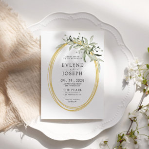 Invitación Moderna acuarela Green Gold Eucalyptus Boda