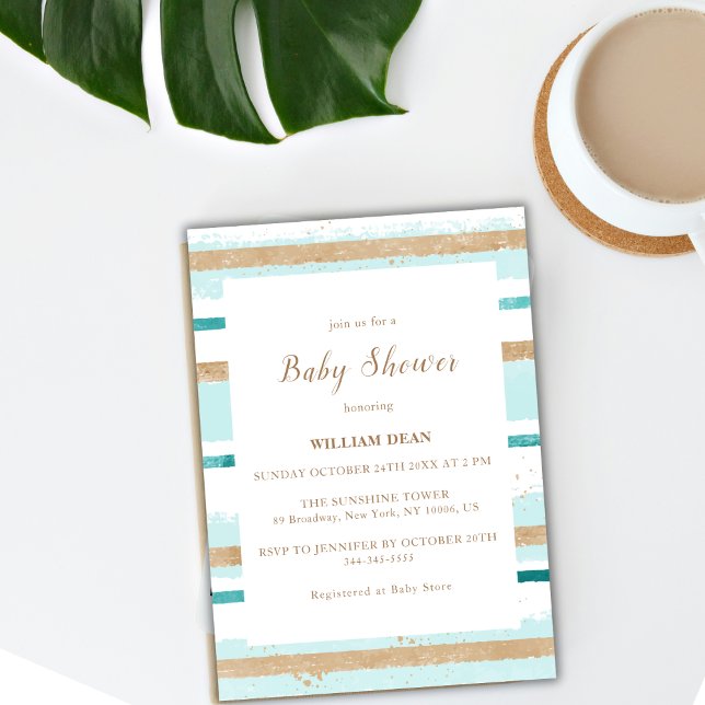 Invitación Moderna acuarela Green Gold Stripe Baby Shower (Modern Watercolor Green Gold Stripe Baby Shower Invitation)