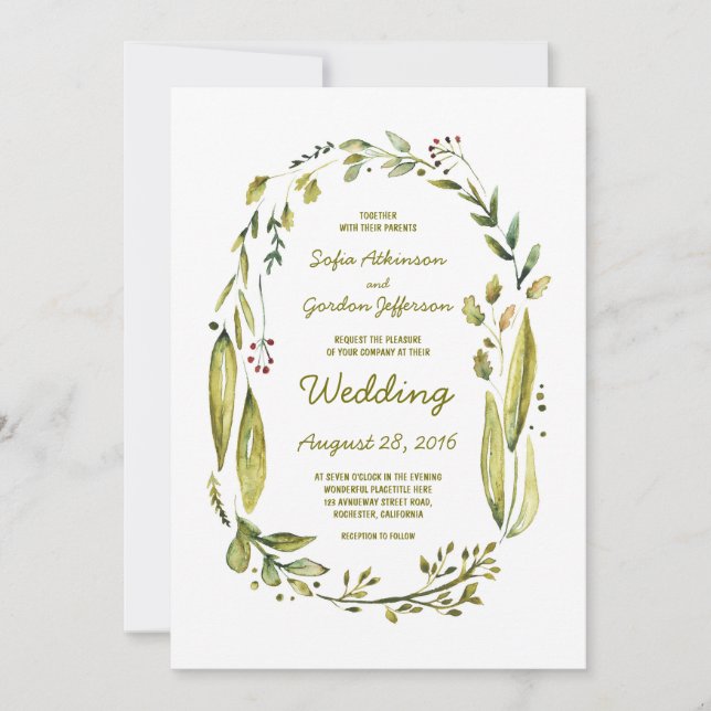Invitación Moderna acuarela Greenery Laurel Boda (Anverso)