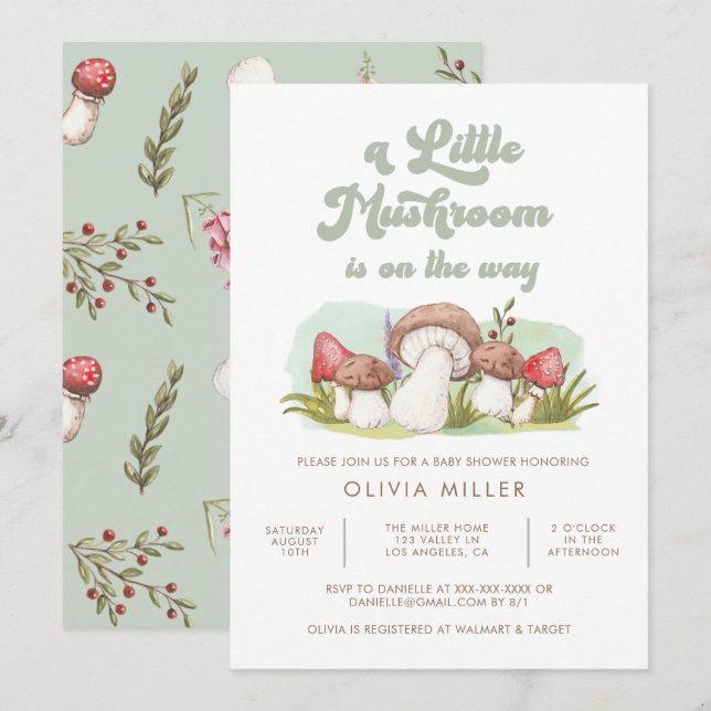 Invitación Moderna acuarela hongo Baby Shower (Anverso / Reverso)