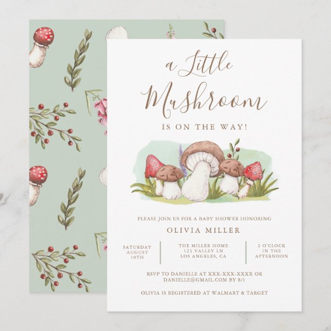 Invitación Moderna acuarela hongo Baby Shower (Anverso / Reverso)