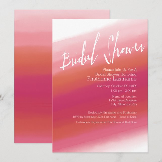 Invitación Moderna acuarela Hot Pink & Naranja Bridal Shower (Anverso / Reverso)