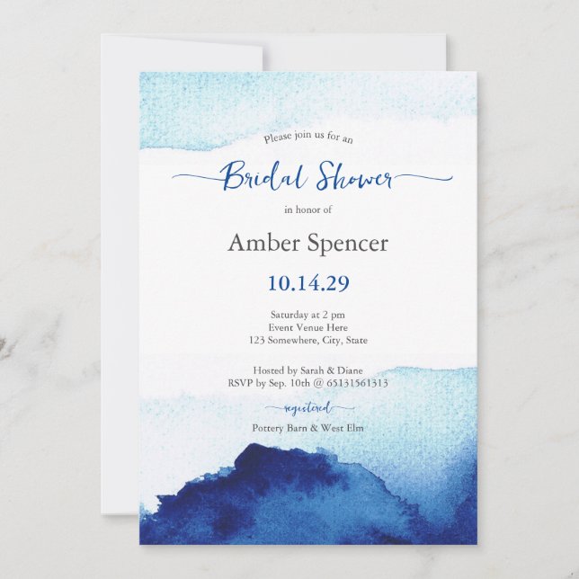 Invitación Moderna acuarela Indigo Blue Bridal Shower (Anverso)