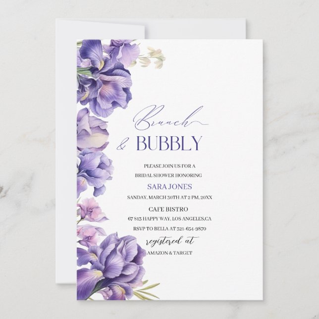 Invitación Moderna acuarela Iris Lilac Bridal Shower Brunch (Anverso)