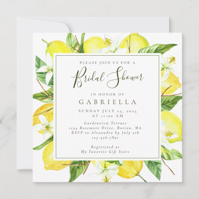 Invitación Moderna acuarela Lemon Botanical Bridal Shower (Anverso)