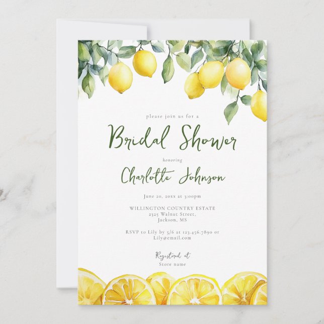 Invitación Moderna acuarela Lemon Citrus Bridal Shower (Anverso)
