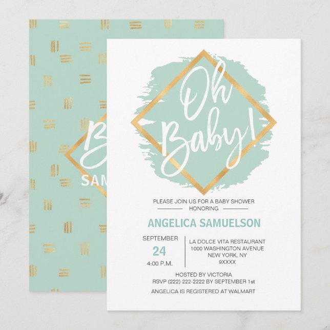 Invitación Moderna acuarela Mint Green Gold Oh Baby Shower (Anverso / Reverso)