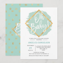 Invitación Moderna acuarela Mint Green Gold Oh Baby Shower