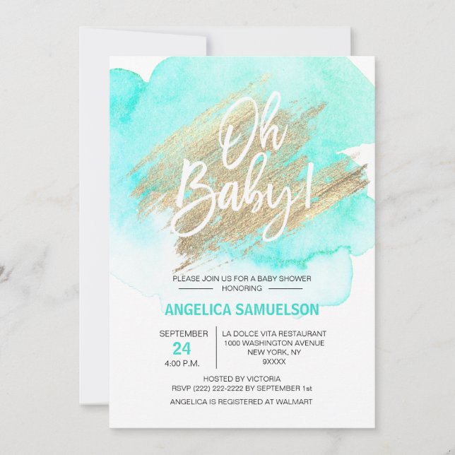 Invitación Moderna acuarela Mint Green Gold Oh Baby Shower (Anverso)