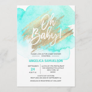 Invitación Moderna acuarela Mint Green Gold Oh Baby Shower