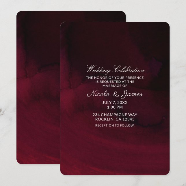 Invitación Moderna acuarela Moody Maroon Burgundy Boda (Anverso / Reverso)