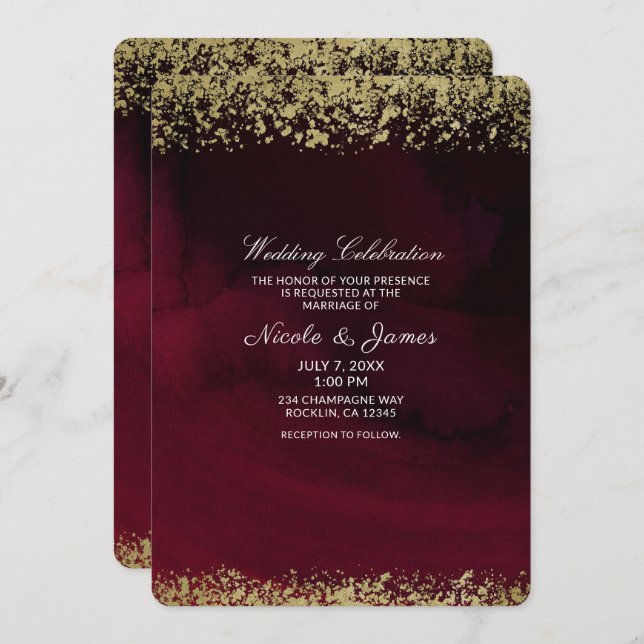 Invitación Moderna acuarela Moody Maroon y Boda de oro (Anverso / Reverso)