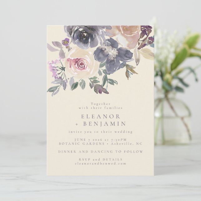 Invitación Moderna acuarela morada floral elegante matrimonio (Anverso de pie)