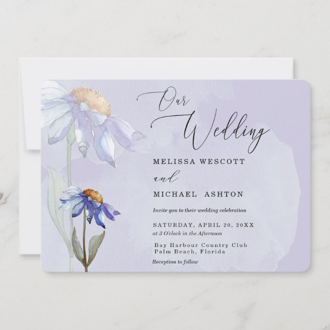 Invitación Moderna acuarela morado Gerbera Daisy Boda (Anverso)