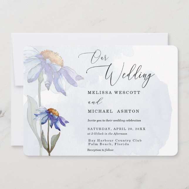 Invitación Moderna acuarela morado Gerbera Daisy Boda (Anverso)