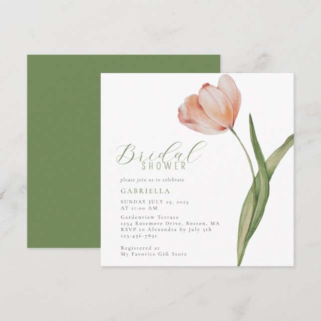 Invitación Moderna acuarela Peach Tulip Bridal Shower (Anverso / Reverso)