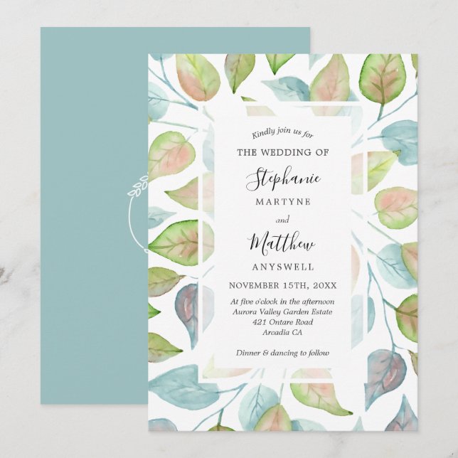 Invitación Moderna acuarela Pintada Sale Boda Foliage (Anverso / Reverso)