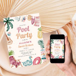 Invitación Moderna acuarela Piscina de verano Fiesta dulce di<br><div class="desc">Tire un fiesta de piscina para el dulce cumpleaños dieciséis de su hija con esta fresca y moda invitación con elementos de verano acuarela.</div>