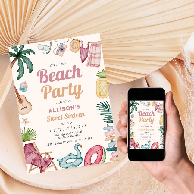 Invitación Moderna acuarela Playa de verano dulce dieciséis (Subido por el creador)
