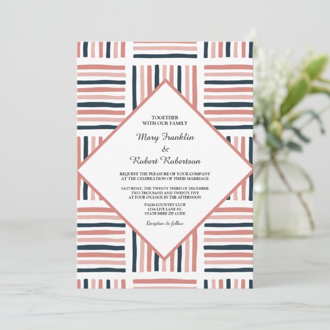 Invitación Moderna acuarela rosa Boda trendy striping (Anverso de pie)