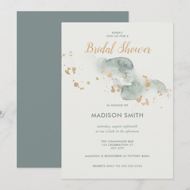 Invitación Moderna acuarela Sage Green Gold Bridal Shower (Anverso / Reverso)