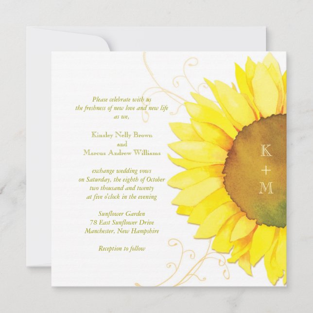 Invitación Moderna acuarela Sunflower Tema Boda (Anverso)