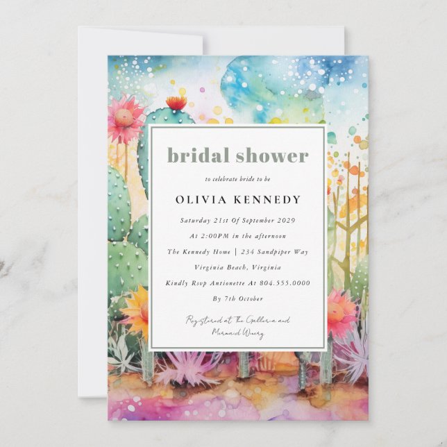 Invitación Moderna acuarela Suroeste Desert Bridal Shower (Anverso)