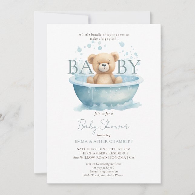 Invitación Moderna acuarela Teddy Bear Blue Baby Shower (Anverso)