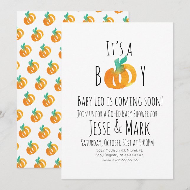 Invitación Moderna acuarela Tiny Pumpkins Baby Shower (Anverso / Reverso)