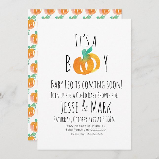 Invitación Moderna acuarela Tiny Pumpkins Baby Shower (Anverso / Reverso)