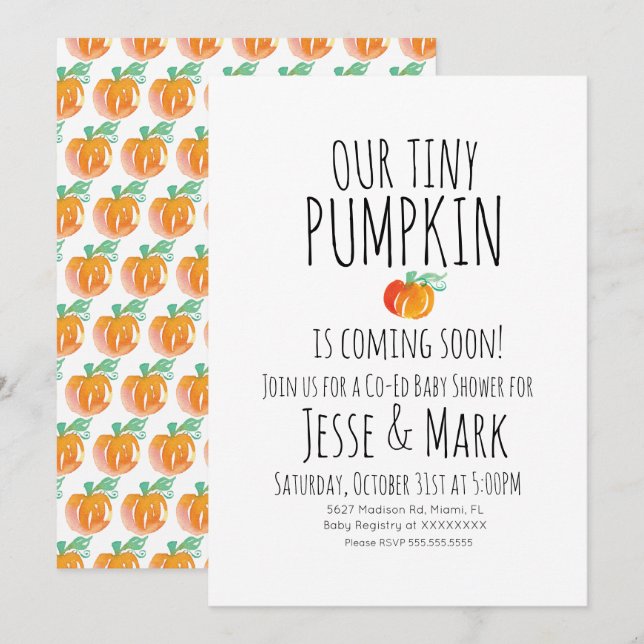 Invitación Moderna acuarela Tiny Pumpkins Baby Shower (Anverso / Reverso)