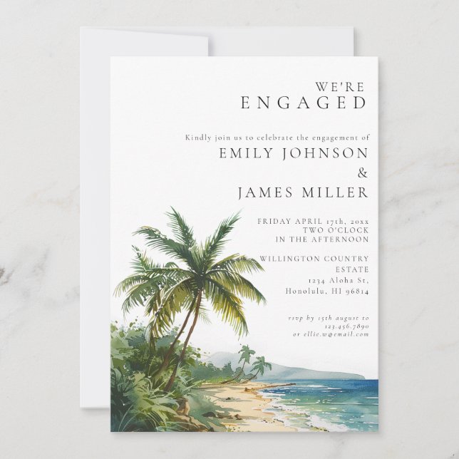 Invitación Moderna acuarela Tropical Beach Engagement Party (Anverso)