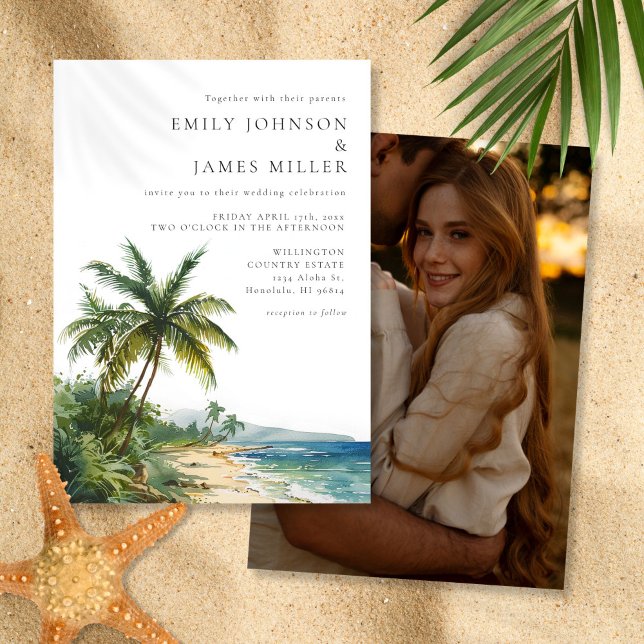 Invitación Moderna acuarela Tropical Beach Photo Boda (Modern Watercolor Tropical Beach Photo Wedding Invitation)
