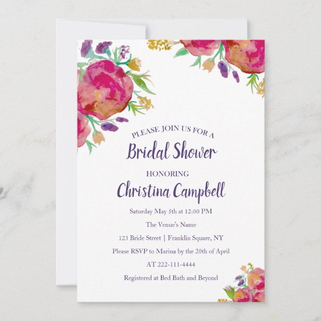 Invitación Moderna acuarela veraniega Floral Bridal Shower (Anverso)