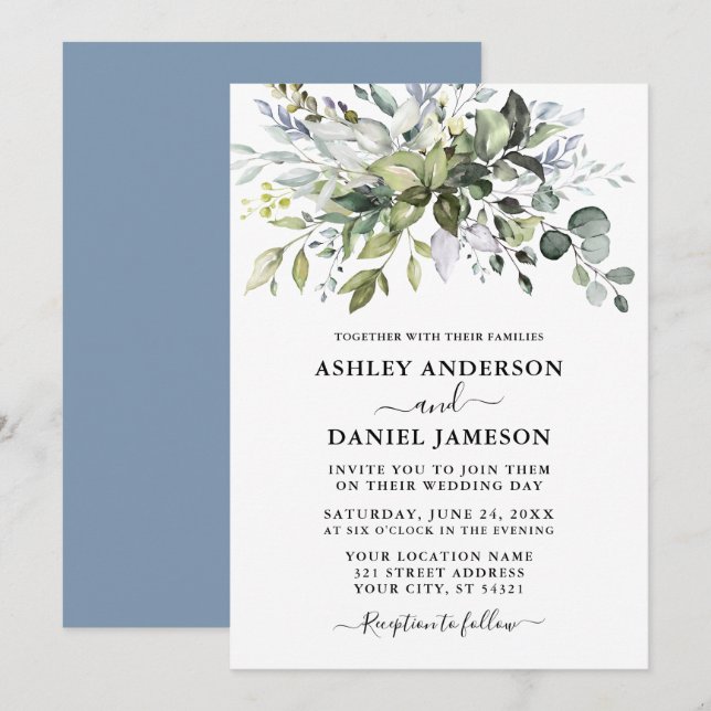 Invitación Moderna acuarela verde Boda Dusty azul (Anverso / Reverso)