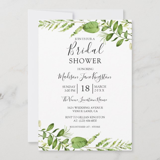 Invitación Moderna acuarela Verdor Bridal Shower (Anverso)