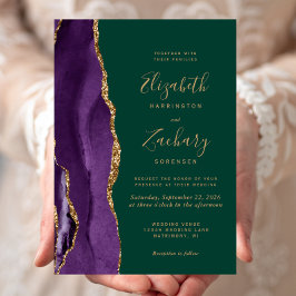 Invitación Moderna Agate de Oro Púrpura Boda Verde Esmeralda