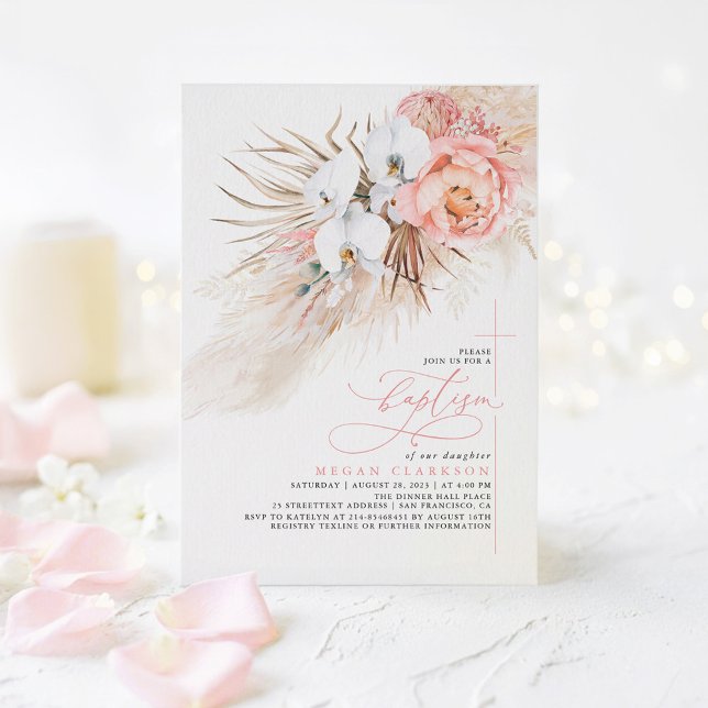 Invitación moderna al bautizo con hierba de pampas (Boho Floral Botanical Baptism Invitations )