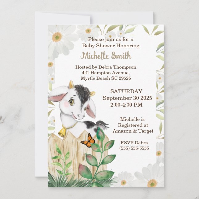Invitación Moderna Baby Shower Beige-Cute Floral Farm Cow (Anverso)