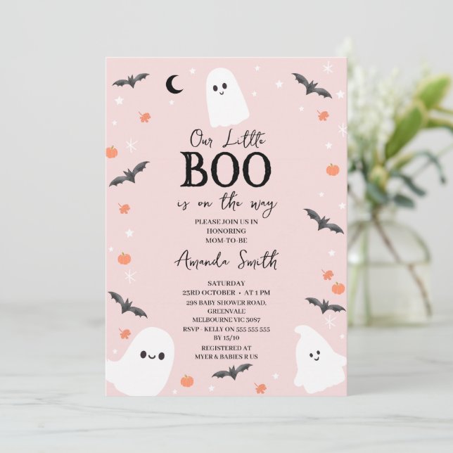 Invitación Moderna Baby Shower de Halloween Rosa (Anverso de pie)