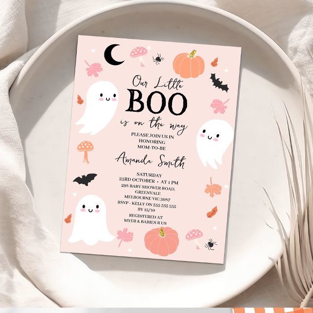 Invitación Moderna Baby Shower de Halloween Rosa (Pink Halloween Baby Shower Invitation, Girl Little boo baby Shower Invitation, Ghosts Our little Boo)