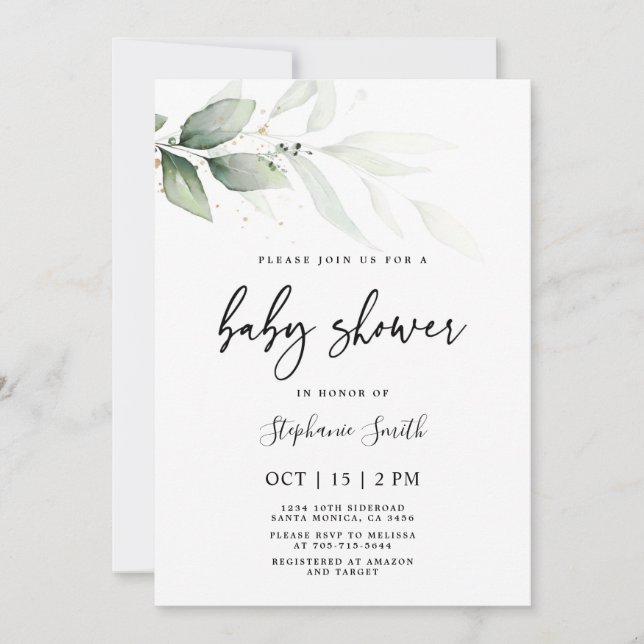Invitación Moderna Baby Shower de vegetación minimalista (Anverso)