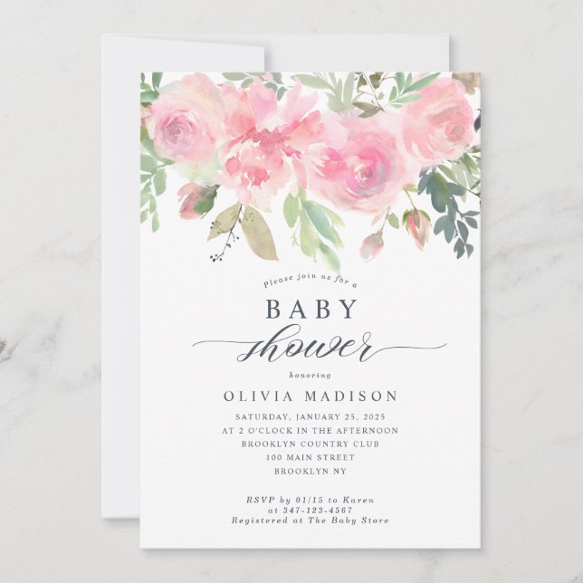 Invitación Moderna Baby Shower Floral Rubor Rosa Peony (Anverso)