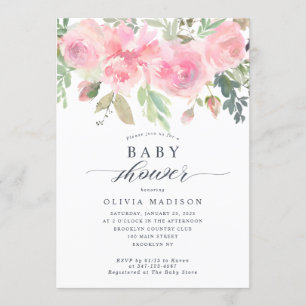 Invitación Moderna Baby Shower Floral Rubor Rosa Peony